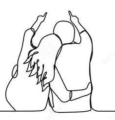 one continuous line drawing of two people facing each other with their arms in the air