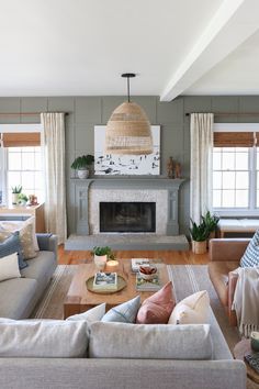 a living room filled with furniture and a fire place in the middle of a room