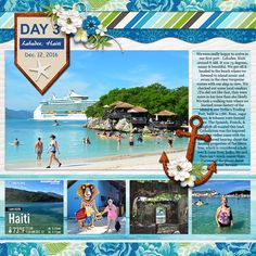 a scrapbook page with an anchor and people on the beach in front of a cruise ship