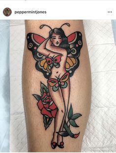 a woman with butterfly wings and flowers on her leg is shown in this tattoo photo