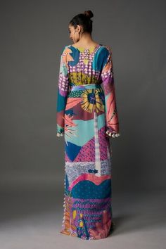 Purple and multicolored long beyza kaftan with tropical print, slits and tassel details. - Aza Fashions Payal Singhal, Long Kaftan, Fashion App, Tropical Print, Aza Fashion, V Neck, Purple