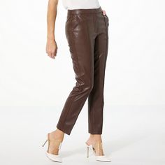 Jaclyn Smith Faux Leather Seamed Slim Leg Pant  A slim leg, full elastic waistband and seamed leg define this faux leather pant that makes for a stylish, yet edgy choice on an evening out. Leather Pant, Jaclyn Smith, Slim Leg Pants, Faux Leather Pants, Draped Fabric, Slim Leg, Affordable Clothes, Pull On Pants, Slim Legs