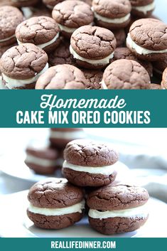 homemade cake mix oreo cookies are stacked on top of each other and in the middle