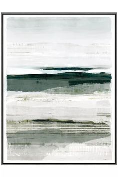 an abstract painting with white and green colors on the water, framed in black frame