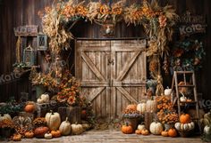 an old wooden door surrounded by pumpkins and gourds