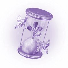 a purple vase filled with flowers and a butterfly on top of the glass container,