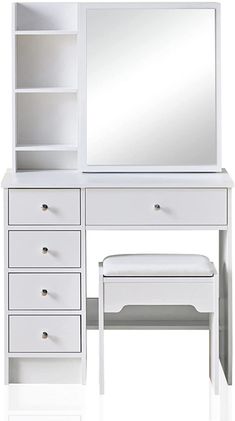 a white dressing table with drawers and a mirror on it's side, next to a stool