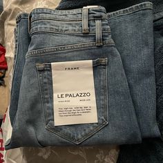 High Waisted Flare Le Palazzo Jeans. Brand New Palazzo Jeans, Jeans Label, Trim Board, Frame Denim Jeans, Denim Ideas, Jean Pants, Mens Workwear, High Waisted Flares, Medium Wash Jeans