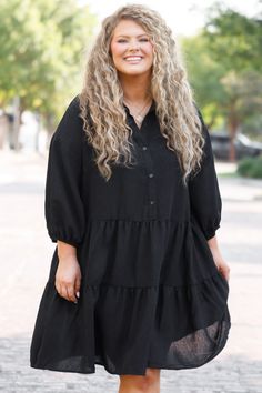 Chic Soul plus size clothing, black colored long sleeve short flowy ruffle dress with button details down the center Chic Soul, Black Parade, Model Fits, Affordable Fashion, Lightweight Fabric, Make Sure, Classic Black, Dress Black, Plus Size Outfits