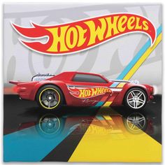 a red hot wheels car with flames on it's side and the words, hot wheels