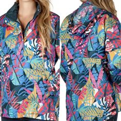 Lauren James Multicolor Floral Tropical Leaves Hooded Annorack Rain Pullover Jacket Large Our Fun, Easy Fitting Pullover Jacket Will Have Your Back This Season. You'll Be Ready For Whatever Comes Your Way With The Adjustable Drawcord Hood, Front Zippered Kangaroo Pocket, And Water Resistant Fabric. Make This Jacket Your Lightweight Go-To For Those Days On The Run. - Pullover Anorak Jacket - Water Resistant - Casual Fit Quarter Zip Jacket With Drop Tail Hem - Hidden Ajustable Drawstring Hood Insi Multicolor Fall Hoodie For Outdoors, Multicolor Hoodie For Outdoor Fall Activities, Trendy Multicolor Hooded Windbreaker, Multicolor Hooded Windbreaker With Drawstring, Multicolor Hooded Windbreaker With Drawstring Hood, Fall Multicolor Windbreaker For Outdoor Activities, Casual Multicolor Outerwear With Drawstring Hood, Casual Multicolor Windbreaker For Outdoor Activities, Multicolor Hooded Windbreaker For Outdoor Activities