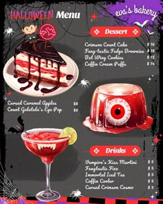 a halloween menu with drinks and desserts