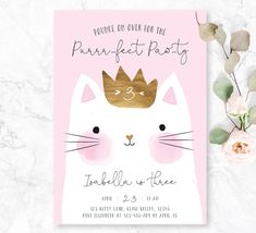 a pink and gold cat birthday party card with the number three on it's face