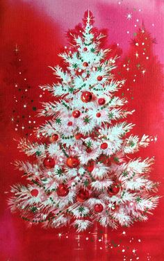 a painting of a white christmas tree on a red background