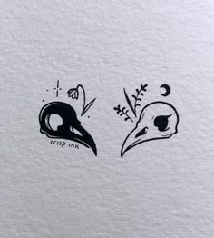 two black and white drawings of birds on paper