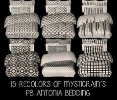 black and white photograph of pillows with text overlay that reads 15 colors of mysterian's pb antonioia bedding