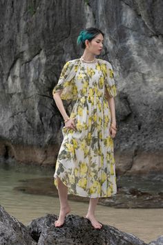 Benzamin Cape Shoulder Dress MEAN BLVD Chiffon Drape Dress, Graceful Dress, Draping Sleeve, Chiffon Midi Dress, Cape Sleeves, Yellow Pattern, Mass Production, Total Look, Draped Dress