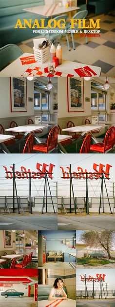 an advertisement for a restaurant with red chairs