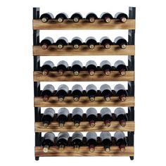 a wooden wine rack filled with lots of bottles on top of eachother,