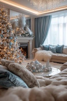 a living room filled with furniture and a christmas tree