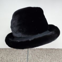 Ranch Mink Fur Brim Hat Kates Canada Inner Circumference Approx 22.5" Black Fur Felt Hats For Party, Flat Brim Top Hat For Winter Evenings, Flat Brim Top Hat For Evening In Winter, Black High Crown Fedora For Winter, Luxury Black Hats For Kentucky Derby, Luxury Black Hat For Kentucky Derby, Black Fur Felt Cloche Hat With Short Brim, Luxury Black Fedora With Short Brim, Luxury Formal Winter Hats