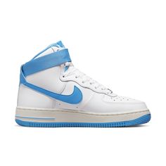 Your shoe game just went atmospheric in this AF1 High with sky-blue accents. The padded, high-cut collar and hook-and-loop closure keep you grounded just enough, while perforations and classic Air cushioning make you feel like you're walking on clouds.From tough stitching to pristine leather to the cupsole design, it delivers durable style that’s smoother than backboard glass.Originally designed for performance hoops, the Air cushioning delivers lasting comfort.Hook-and-loop ankle strap lets you Af1 High, Nike Air Force 1 High, Air Force 1 High, On Clouds, University Blue, Nike Store, Nike Cortez Sneaker, Blue Accents, Nike Air Force 1