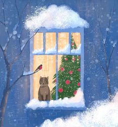 a painting of a cat looking out the window at a christmas tree