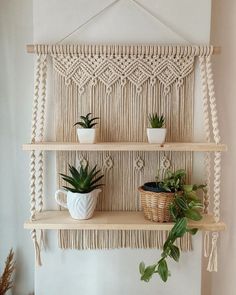 some plants are sitting on the shelves in front of a wall hanging planter with macrame