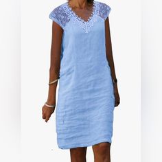 New Periwinkle Color Linen V Neck T Shift Style Dress Pattern Type: Lace Crochet Neckline: V-Neck Dress Length: Midi Length Sleeve Length: Half Sleeve Approx Measurements: *Pit To Pit 22” (Laying Flat) *From Neck To End Of Sleeve 9” *From Back Of Neck To Bottom Hem 39” *Waist 22” Flat Across New, Smoke Free Home Summer Dresses With Crew Neck In Solid Color, Solid Color Crew Neck Summer Dresses, Summer Solid Color Crew Neck Dress, Summer Crew Neck Dress With Solid Color, Spring Crew Neck Solid Color Dresses, Casual Knee-length Dress With Lace Trim, Blue Shift Dress Solid Color, Blue Short Sleeve Solid Color Dress, Short Sleeve Solid Dress With Lace Trim