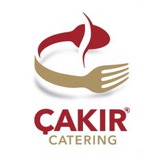 the logo for cakir catering, with a fork in it's center and an image of a hand holding a piece of food