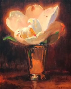 a painting of a white flower in a gold vase