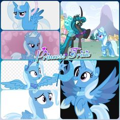 several different pictures of blue ponies with their wings spread out and the words princess trixie