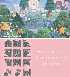 an animal crossing game with flowers and trees