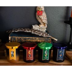 four different colored containers sitting on top of a wooden table next to an owl statue