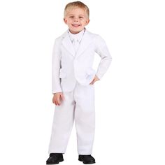 The Fun Costumes Toddler White Costume SuitSometimes a suit is the only costume you need! That may certainly be true for your little guy, which is why made this classic White Suit Costume for all of his costume adventures. With this easy to wear suit set, he can be any number of fun characters for Halloween, like a mobster, spy, a famous author, or even a kitchen colonel!Product Design:Our Kid's White Suit comes with a white suit jacket, white pants, a white shirt front, a bowtie, and a necktie. Fitted White Costume Sets, White Long Sleeve Sets For Costume Party, White Long Sleeve Costume Party Set, Fitted White Sets For Dress-up, White Fitted Sets For Dress-up, White Fitted Dress-up Sets, White Long Sleeve Dress-up Sets, White Suit Jacket, Suit Costume