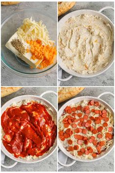 four pictures showing the steps to make pizza in different pans, including cheese and sauce