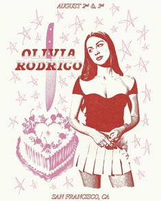 a woman standing next to a cake with a knife in it's hand and the words otta rodrico written above her