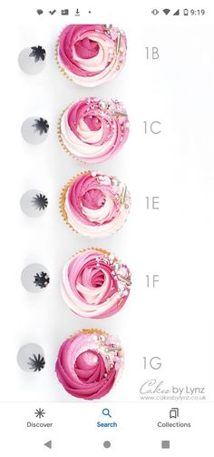 cupcakes with pink frosting are arranged in rows