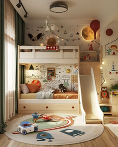 a child's bedroom with a bunk bed, slide and toys on the floor