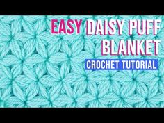 the easy daisy puff blanket crochet pattern is shown in blue and pink colors