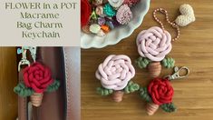 crochet flowers in a pot and bag charm keychain on a table