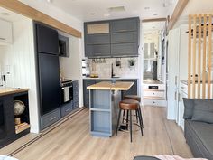 Renovated Heartland Bighorn from @rvingdogsandwine Renovated Trailer, Trailer Updates, Camper Mods, Blue Grey Walls