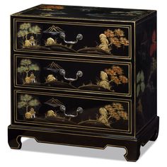 Black Lacquer Chinoiserie Scenery Motif Chest Dark Chinoiserie, Chinoiserie Bed Side Tables, Red Asian Furniture, Asian Cabinet, Black Chinoiserie Dresser, Pagoda Lanterns, Accent Chests, Asian Cabinet China Furniture & Arts, Lacquer Furniture