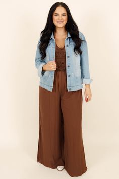 Chic Soul plus size clothing, brown tank top jumpsuit with lace around the bodice area and flowy bottoms