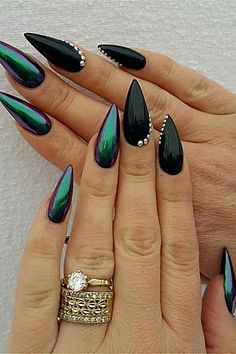 Black And Green Nails, Black Stiletto Nails, Black Nail Art, Nails Design With Rhinestones, Black Nail Designs, Nails Black