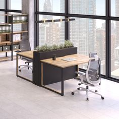 an office area with desk, chair and bookcase in front of large window overlooking cityscape