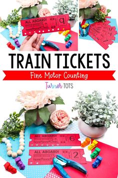 train tickets and flowers are on the table