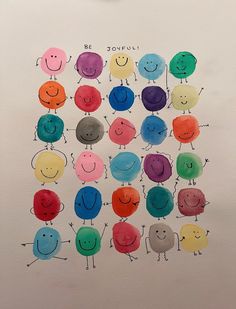 a drawing of many different colored smiley faces on a white background with the words be soful written above them