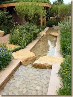 an image of a garden with rocks and water in it, as well as the words stepping stones shallow water garden