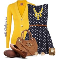 Polka dot dress with cardigan. Yellow Polka Dot Dress, Stylish Eve, Polka Dot Dress, Dot Dress, Dorothy Perkins, Outfits Casuales, Polyvore Fashion, Passion For Fashion